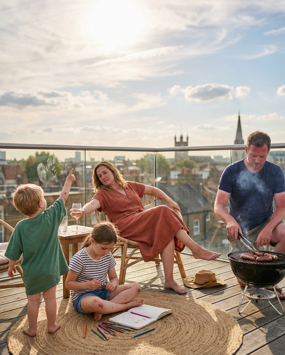 A family on a rooftop terrace above the city