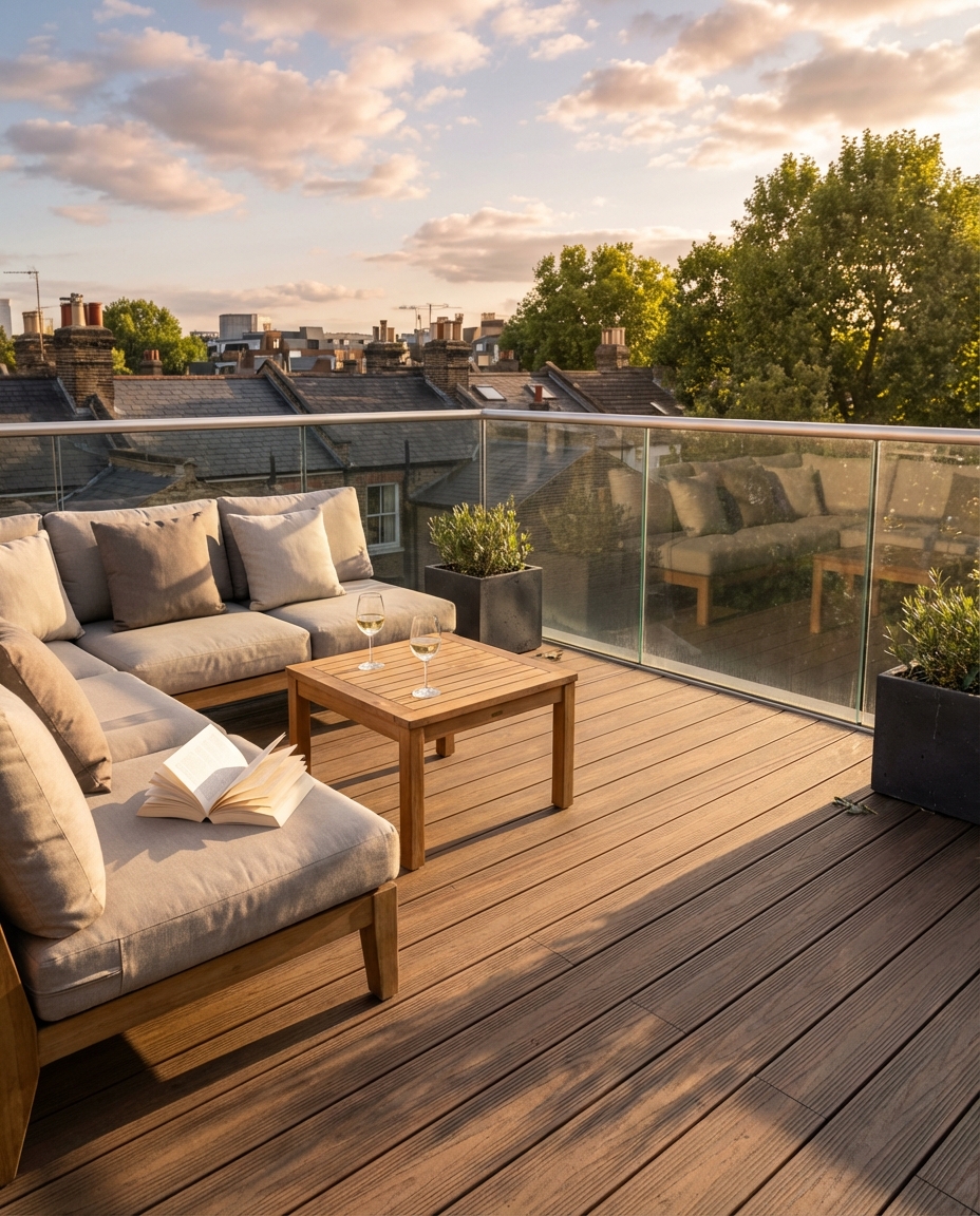 Rooftop terrace with glass balustrade and evening city view