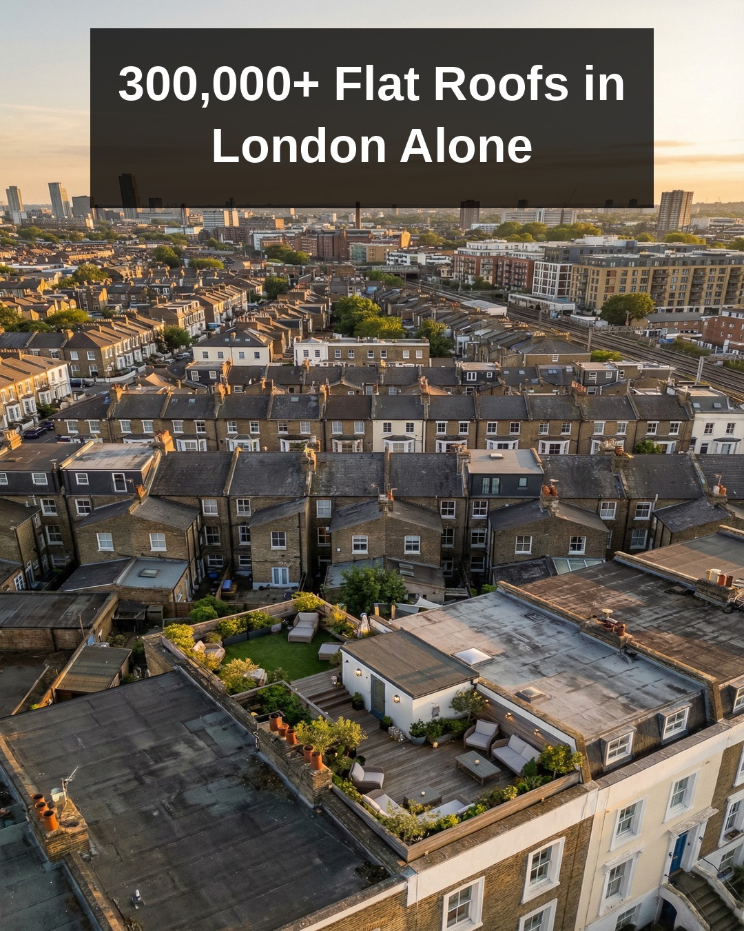 Aerial view of UK insulated flat roofs carrying terraces