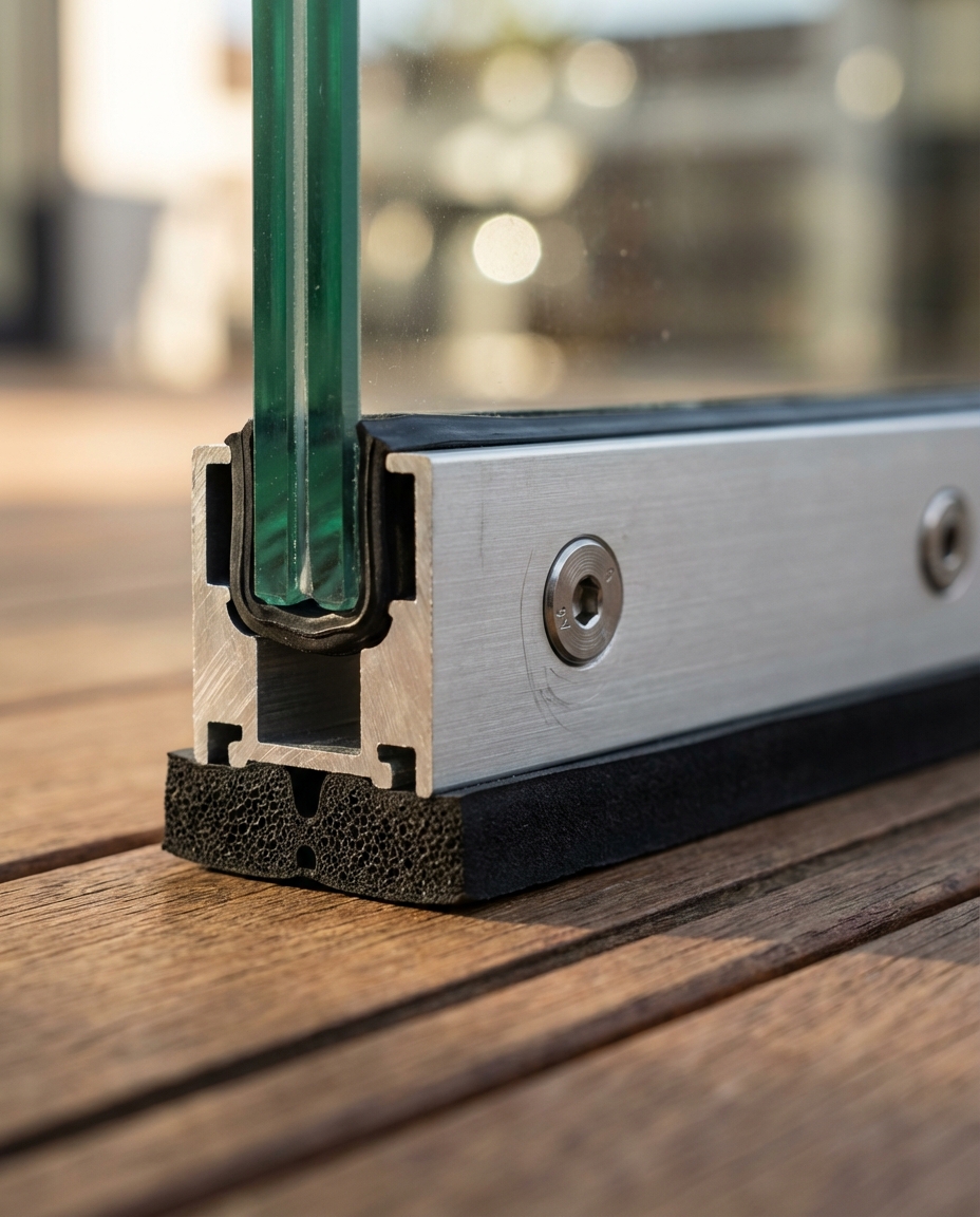 Close-up of the frameless glass balustrade clamp