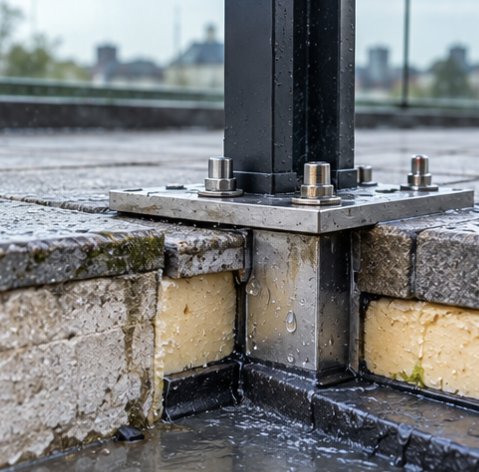 Condensation or leak: water around a bolted balustrade post fixing that passes through the insulation of a roof terrace