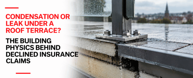 Condensation or leak under a roof terrace: water dripping from the insulation beneath a bolted balustrade post on a wet flat roof