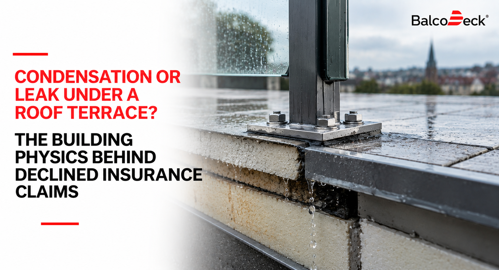 Condensation or leak under a roof terrace: water dripping from the insulation beneath a bolted balustrade post on a wet flat roof